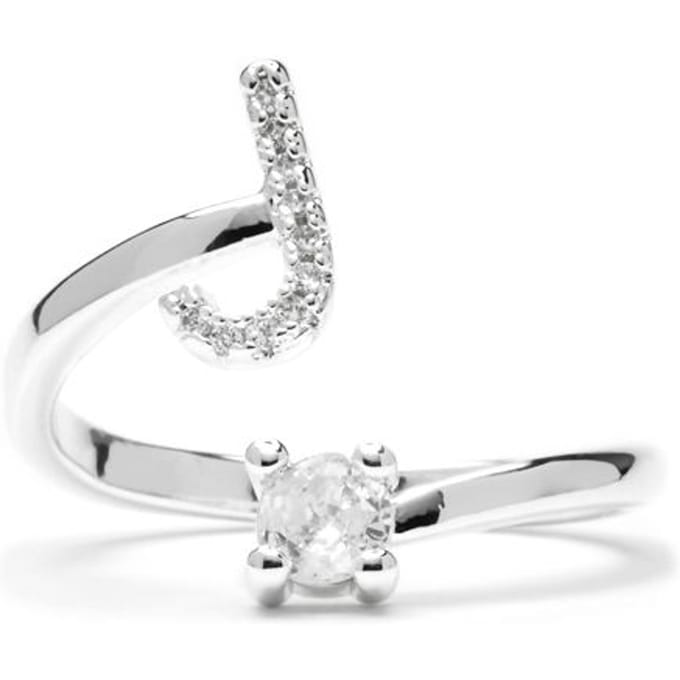 Bague - LUXENTER - Alphabet Lettre J - Taille ajustable - Plaqué rhodium - Zirconia argenté blanc