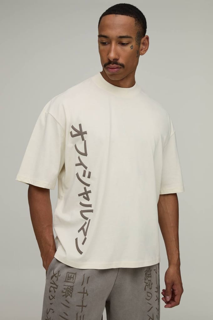 Ecru Oversized Boxy T-shirt Met Puff Print | Size Large