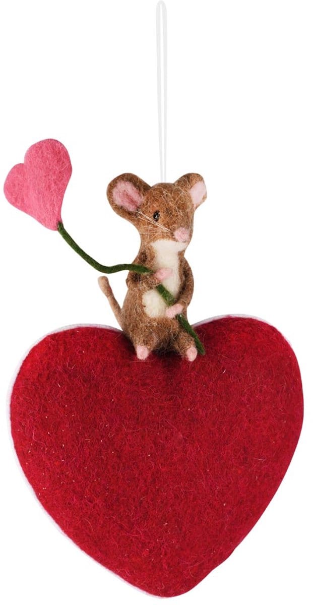 Dekoratief | Hanger hart m/muisje, rood, stof, 19x7x32cm | A260075