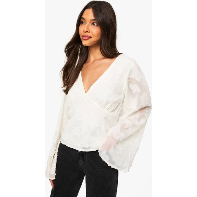 boohoo Dames Burnout Bloemenblouse met engelmouwen | Cream | Maat: 12