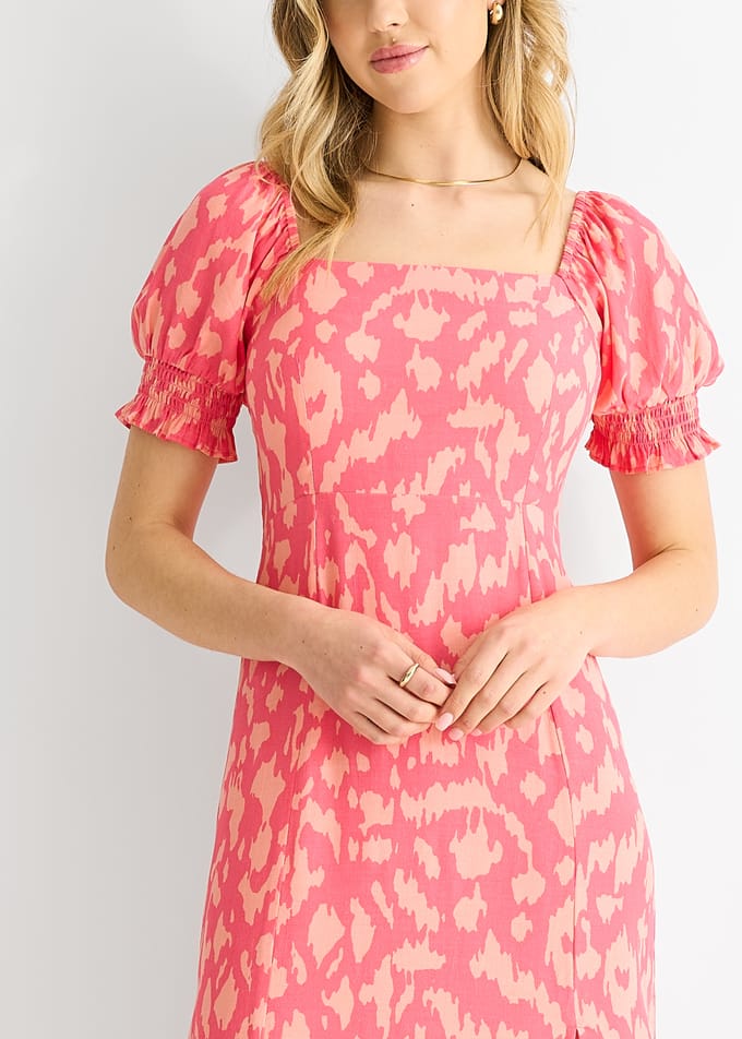 Roze Dierenprint Vierkante Hals Viscose Midi Dress