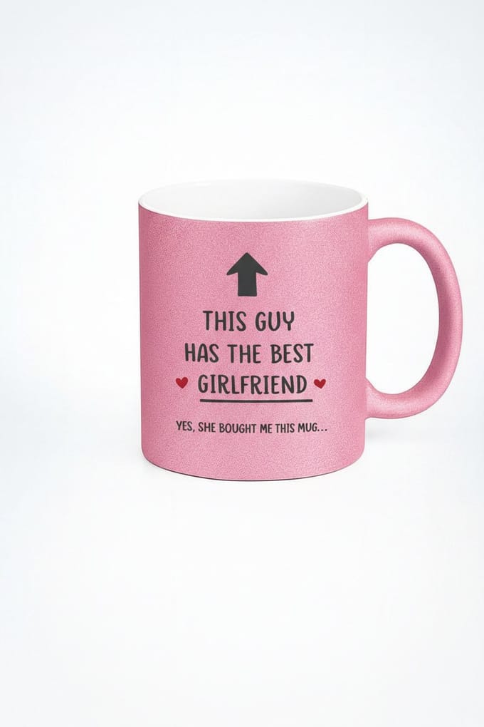 Roze Glitter Mok met Tekst "THIS GUY HAS THE BEST GIRLFRIEND" - Grappig en Romantisch Cadeau voor Vriend