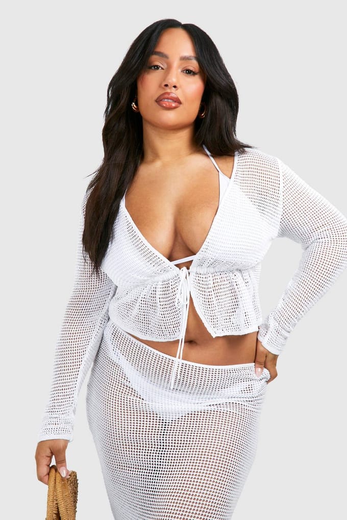boohoo Dames Plus Lange Mouwen Tie-Top en Rok Strandcoord | Wit | Maat: 48