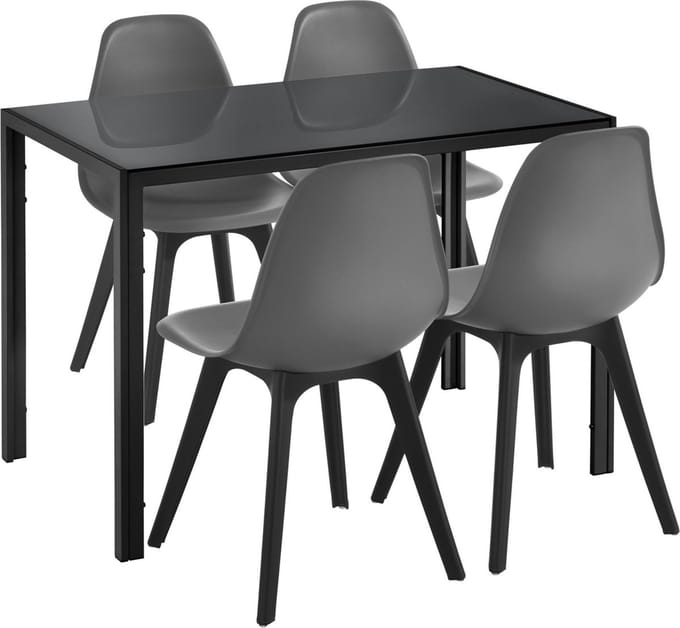 Eethoek Delft glazen eettafel met 4 stoelen zwart en grijs
