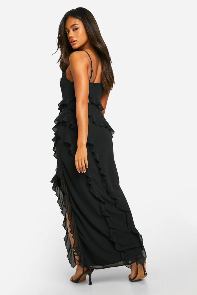 boohoo Dames Ruffle Chiffon Maxi Jurk | Zwart | Maat: 36