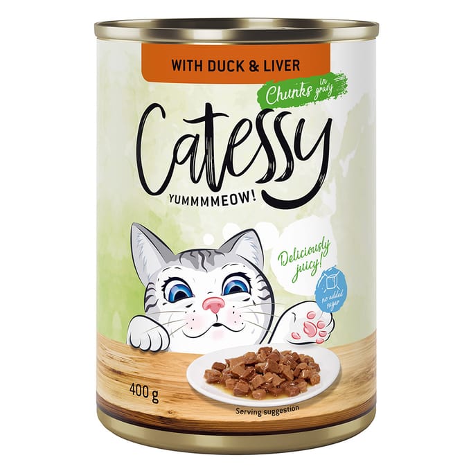 48x400g Hapjes in Saus of Gelei met Eend en Lever in Saus Catessy Kattenvoer