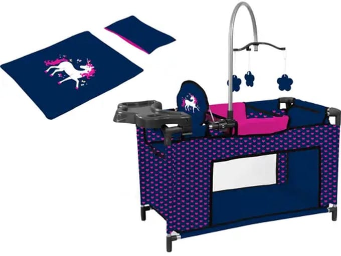 Bayer Multi Poppenbed blauw met roze hart en eenhoorn