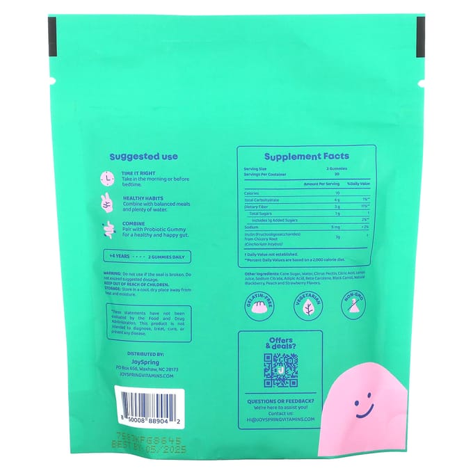 JoySpring, gommes de fibres alimentaires de racine de chicorée, mûres, pêches, fraises, 60 gommes