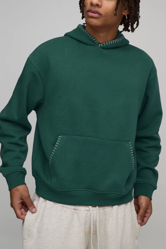Oversized Boxy Blanket Stitch Hoodie | Forest | Size Small