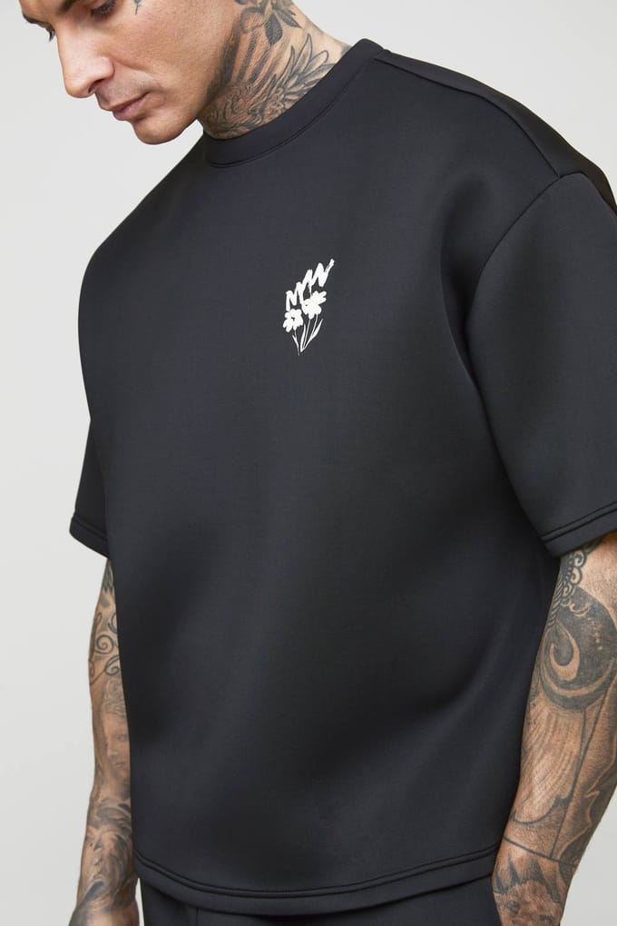Lang Oversized Boxy Bonded Scuba Doodle Bloemenprint T-shirt | Black | Size Medium