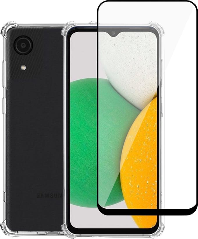 Geschikt voor Samsung A03 Core Hoesje + Screenprotector – Full Cover Gehard Glas + Shock Proof Case – Transparant