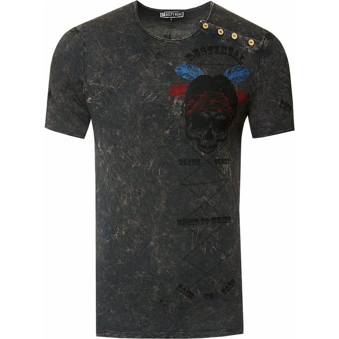 T-shirt met gewassen ronde hals, knoopsluiting en prints