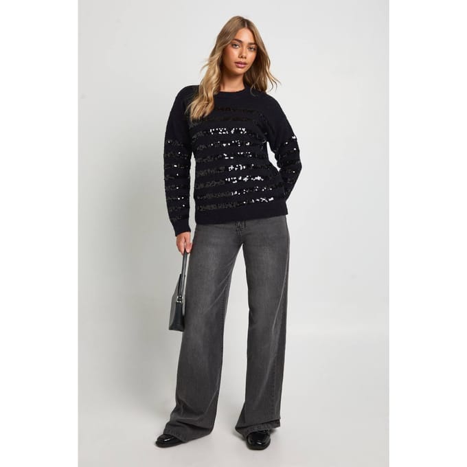 boohoo Dames Sequin Stripe Oversized Gebreide Trui | Black | Maat: Medium