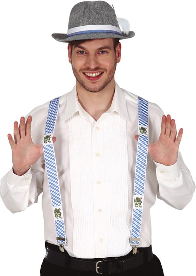 Fiestas Guirca Oktoberfest verkleed set - bretels/stropdas/hoed - blauw/wit - volwassenen - carnaval