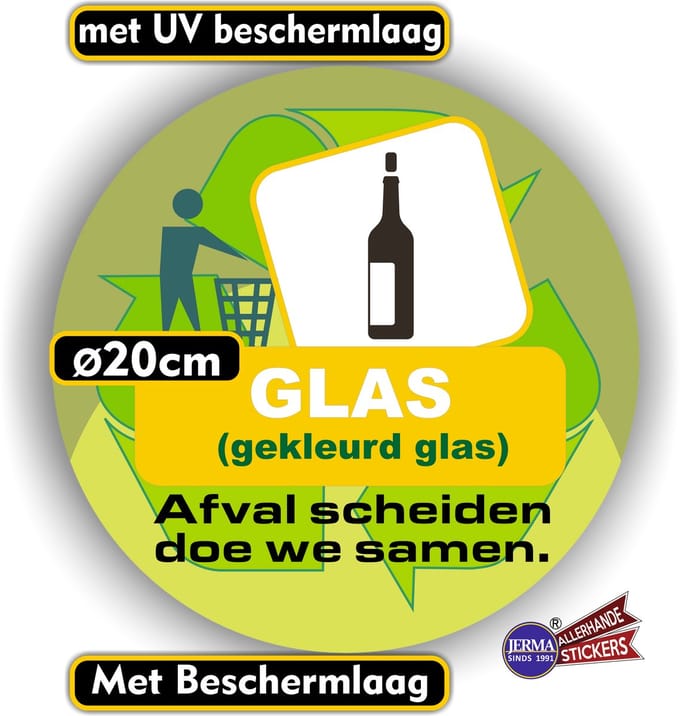 Jerma - Glas kleur - Afvalbak - Recycling - Sticker - Ø 20 cm - Vinyl - Zelfklevend - Weerbestendig