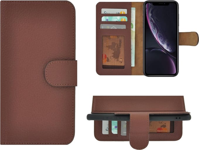 Geschikt voor iPhone XR Hoesje Leer - Bookcase - iPhone XR Book Case Wallet Echt Leer Bruin Cover