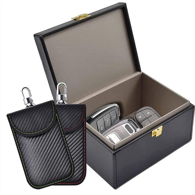 Faraday Box met 2-pack Faraday Pouch, sleutelhangerbeschermer, Keyless Entry autosleutelkluisbeschermer RFID 0 zwart