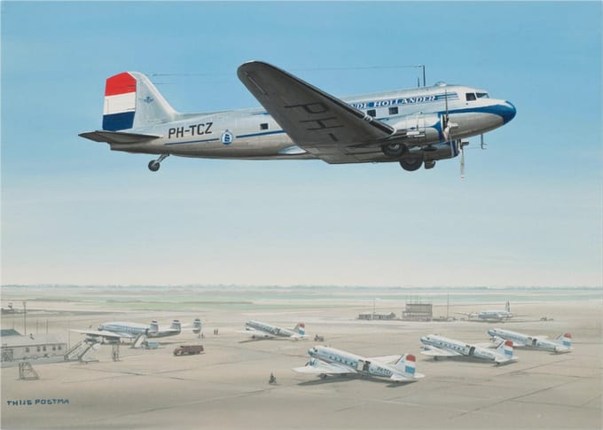 Thijs Postma - TP Aviation Art - Poster - Douglas DC-3 KLM Laag Over Schiphol - 50x70cm