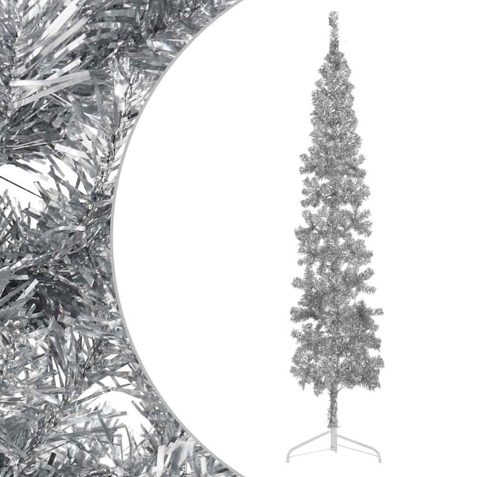 vidaXL - Kunstkerstboom - half - met - standaard - smal - 240 - cm - zilverkleurig