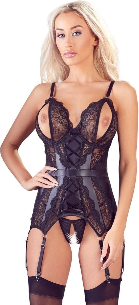 Jarretel-set met open cups - zwart