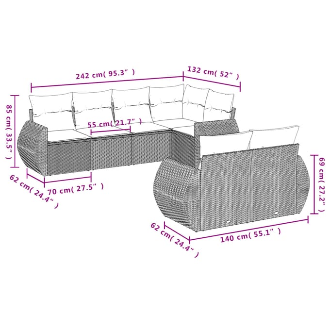 vidaXL - 7-delige - Loungeset - met - kussens - poly - rattan - grijs