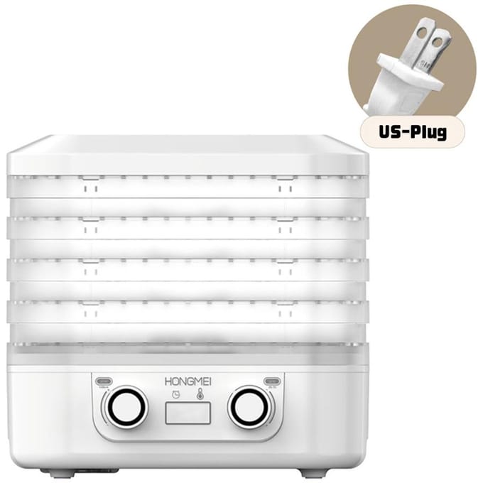 Voedseldroger met 5 laden en instelbare temperatuur, automatische voedseldrogermachine voor voedsel en schokkerig, US Plug wit