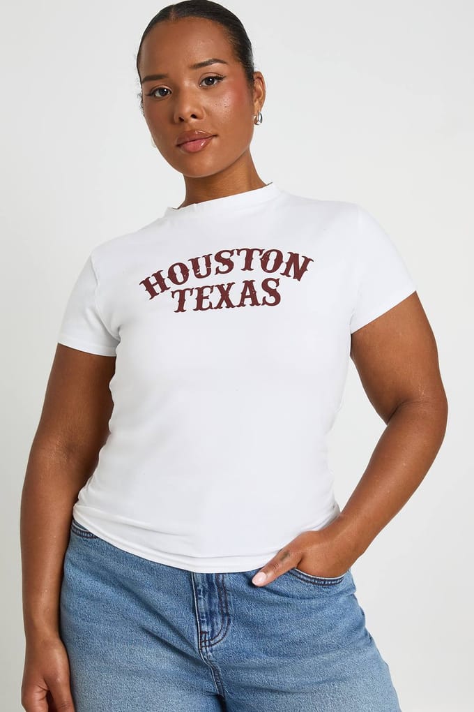 boohoo Dames Plus Houston Texas Print Baby T-shirt | Wit | Maat: 52