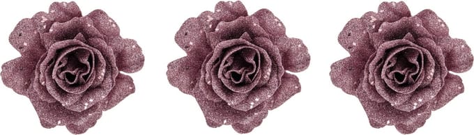 Kerstboomversiering Bloemen - 4x - 10 cm - roze glitter - op clip - ornament
