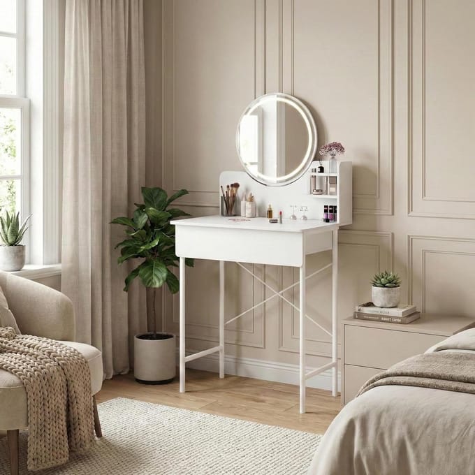 Kaptafel met Spiegel - Dressing Table Kaptafel - Make-up Opbergen - Verstelbare LED Verlichting