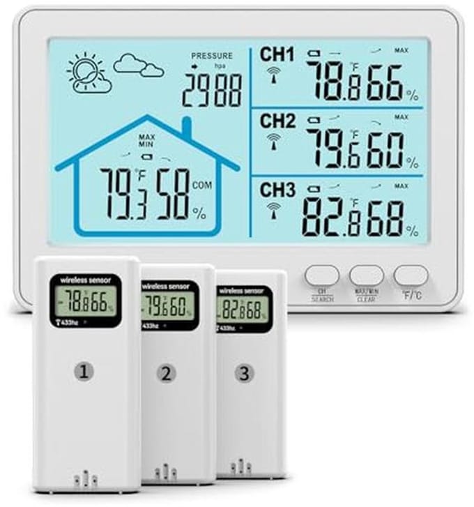 Draadloos Weerstation met Buitensensor en Voorspelling - 3 Buitensensoren, Thermometer, Hygrometer, Barometer