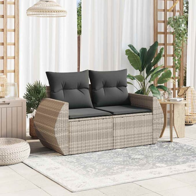 vidaXL - Tuinbank - 2-zits - met - kussens - poly - rattan - lichtgrijs