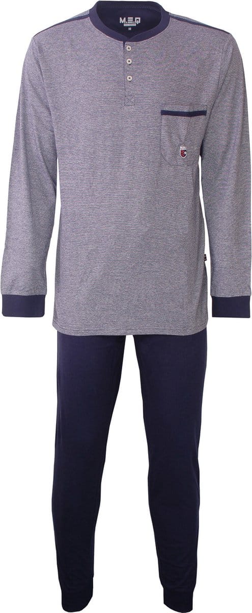 MEQ Heren Pyjama - Polo Sluiting - 100% Katoen - Blauw - Maat S