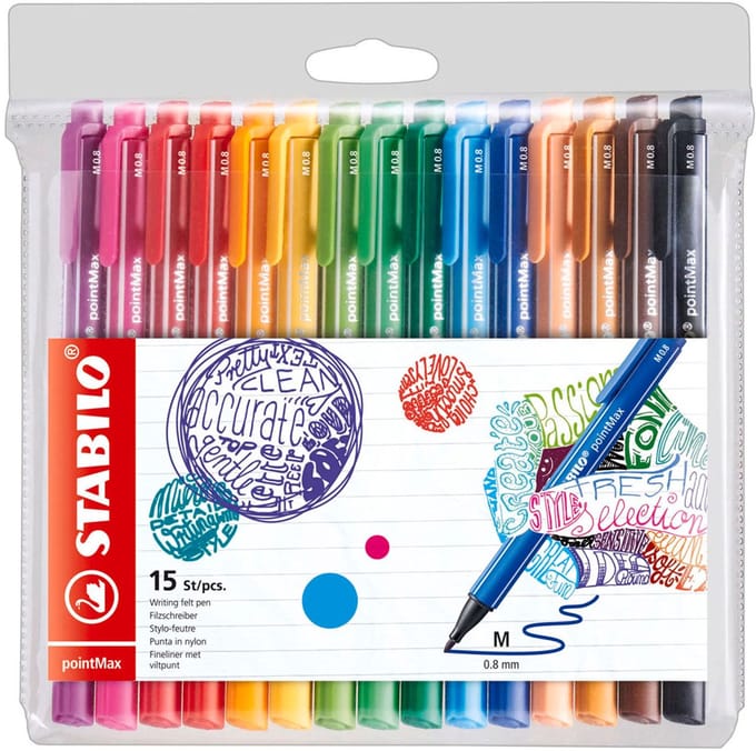 STABILO pointMax - Hardtip Fineliner 0,8 mm - Nylon Punt - Etui Met 15 Kleuren