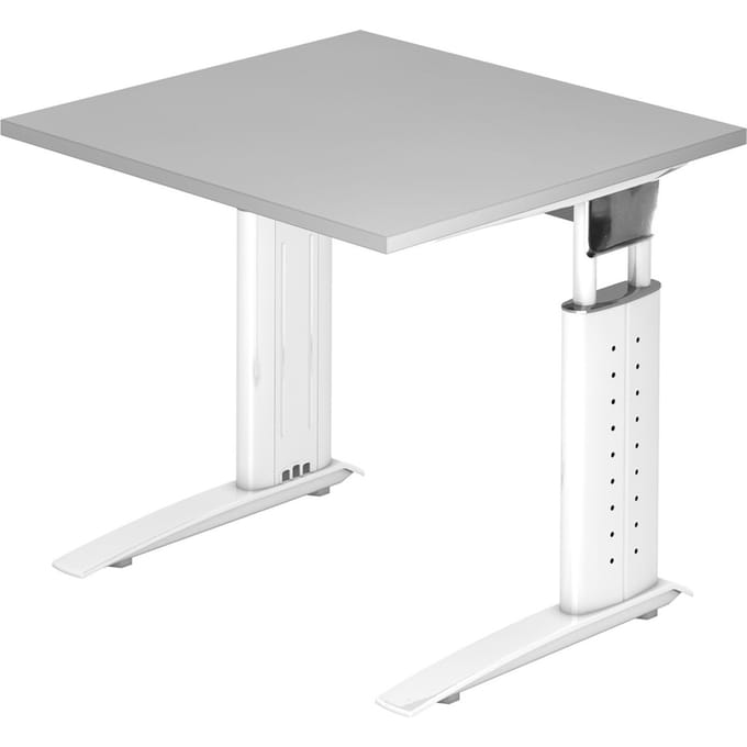 Bureautafel TARVIS, C-poot, vierkant, B 800 mm, onderstel wit, in hoogte verstelbaar, lichtgrijs