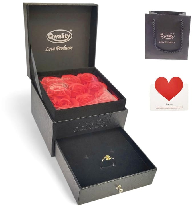 Rozen in Luxe Giftbox mét Liefdes Ring maat S - Moederdag - Rozenbox - Knuffelring - Cadeau voor vriendin moeder haar - Qwality®