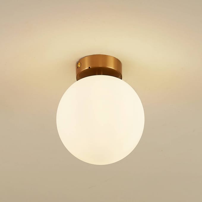 Lucande - Plafondlamp badkamer - 1licht - Staal, glas - H: 17.7 cm - E14 - messingkleurig