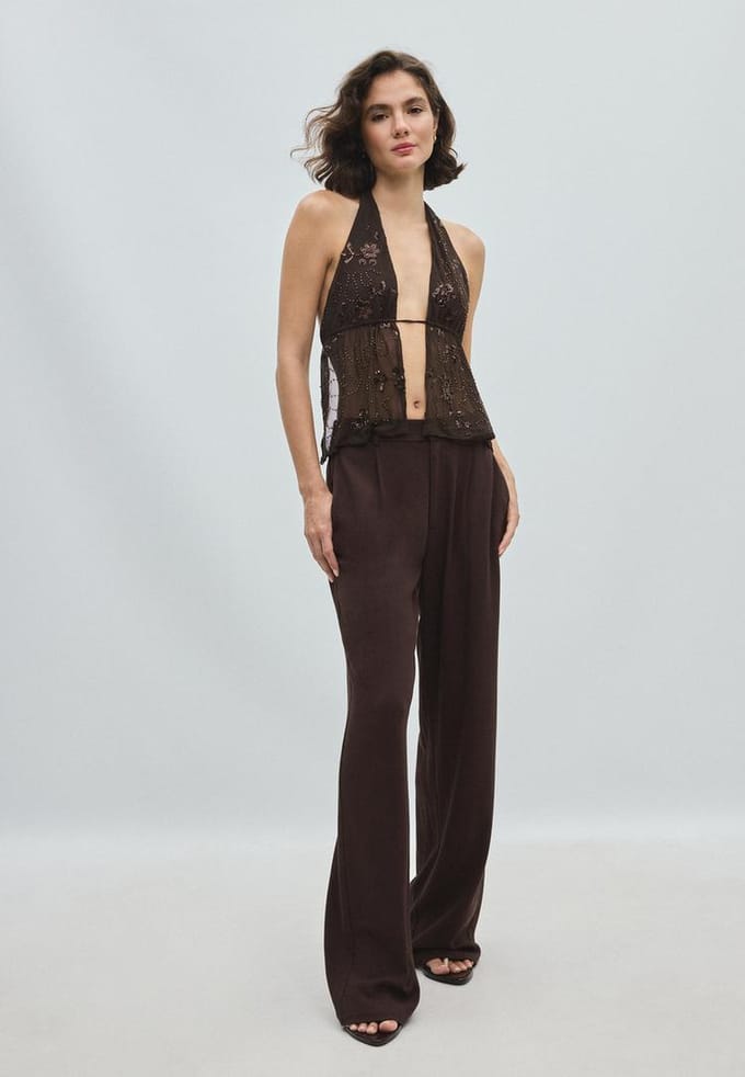 Stradivarius Haltertop met glinsterend borduursel  Bruin S