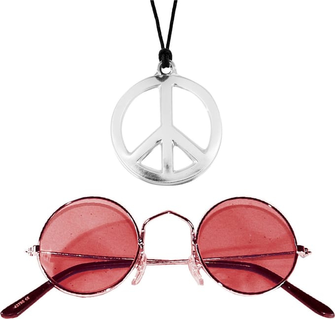 Hippie Flower Power sieraden set - peace-sign ketting met groovy rode bril