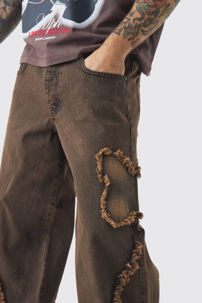 Baggy Rigid Butterfly Applique Gewassen Denim Jeans | Brown | Size 32R