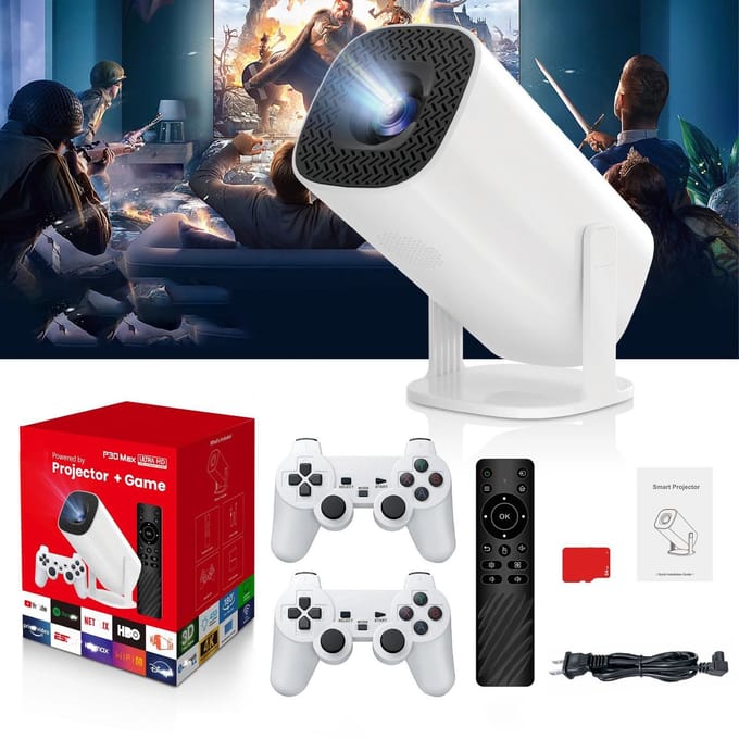 TEKROA® Smart Mini Beamer – Game Console & Projector in 1 – 4K Support – met WiFi 6 & Bluetooth 5.4 - Met 2 Draadloze Controllers – Auto Keystone – Wit