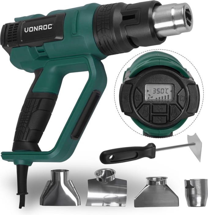 VONROC PRO Heteluchtpistool – 2000W – LCD display – 650°C – 500L/min – Incl. accessoires