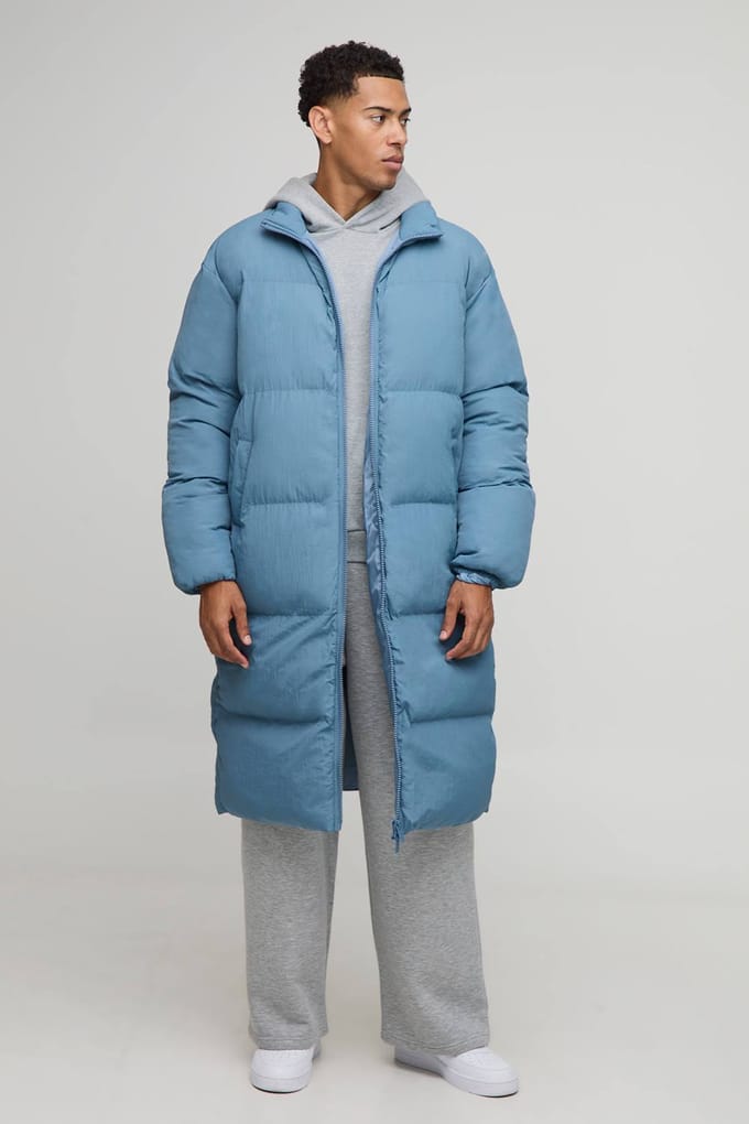 Oversized Crinkle Nylon Funnel Neck Longline Puffer Jacket | Light Blue | Size Medium