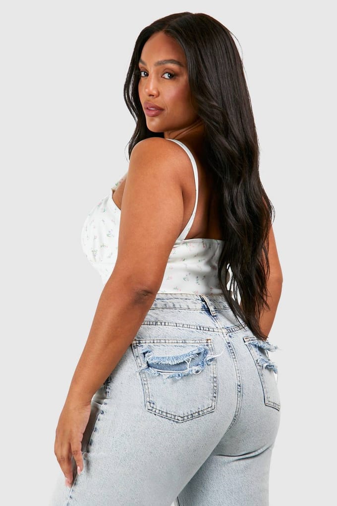 boohoo Dames Plus Tie Front Ditsy Korset Top | Lemon | Maat: 28