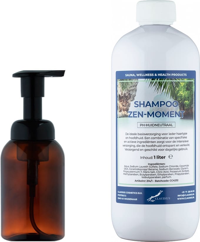 Zeepdispenser 300 ml amber bruin hervulbaar + 1 liter Shampoo Zen Moment navulling