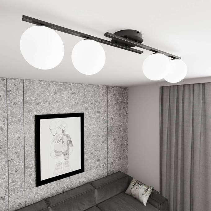EMIBIG LIGHTING Plafondlamp Kairo, zwart/opaal, lengte 87 cm, 4-lamps.
