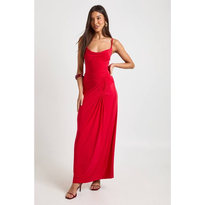 boohoo Dames Slinky Gerimpelde Zijkant Maxi Rok | Red | Maat: 10