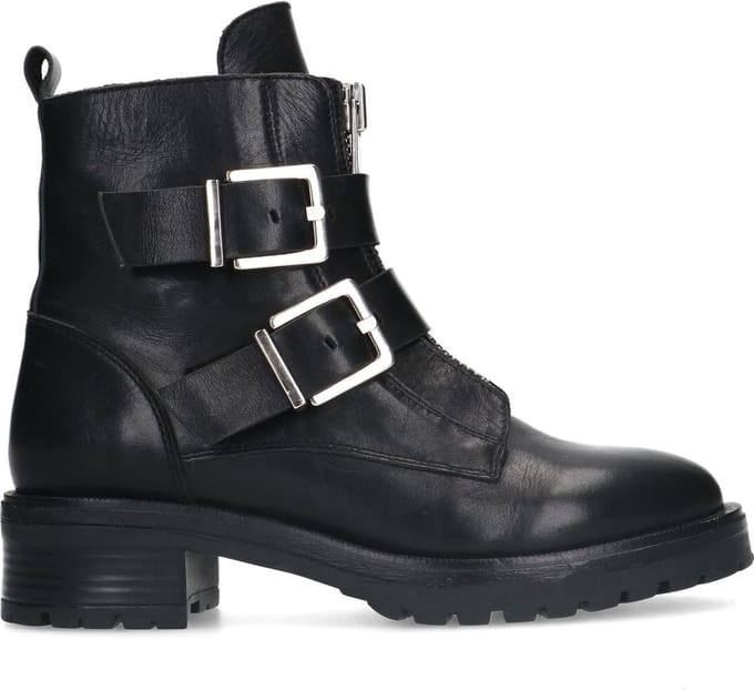 Sacha - Dames - Zwarte leren biker boots met zilverkleurige gespen - Maat 36