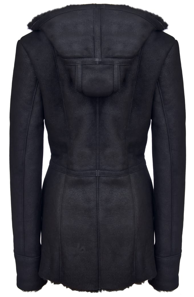 Dames zwart Merino schapenvachtjack met capuchon-Mandalay