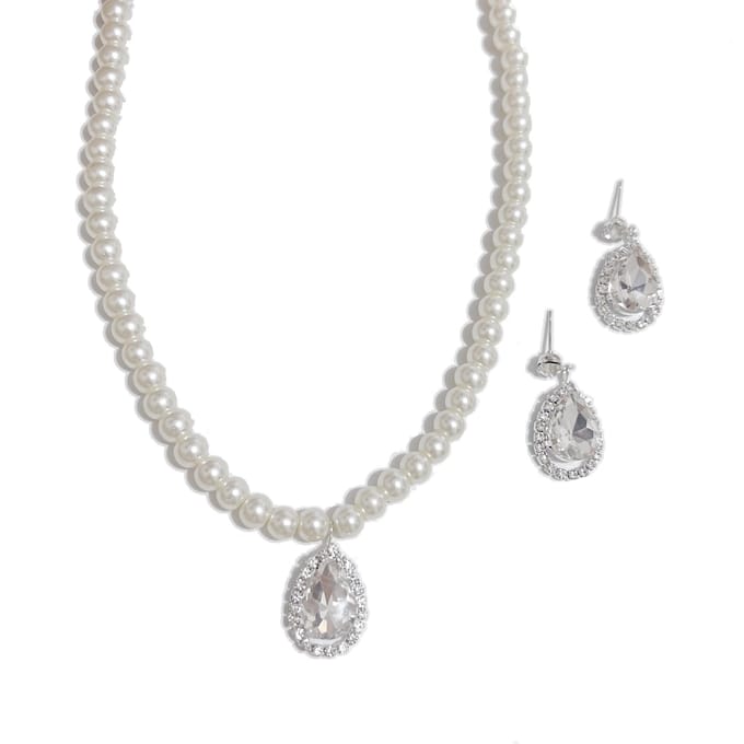 Collier de Perles Gemmes Polyvalent pour Navetteur Boucles d'Oreilles Puces Plaqué Argent Goutte d'Eau Ensemble de Bijoux blanc