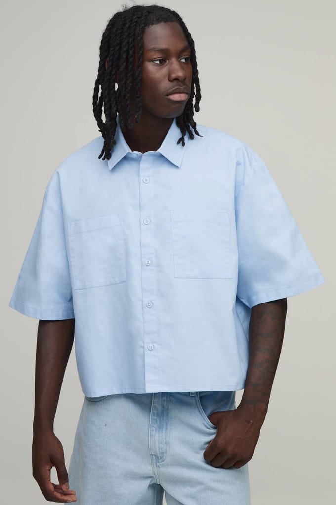 Oversized Crop Half Sleeve Oxford Shirt | Light Blue | Size Large